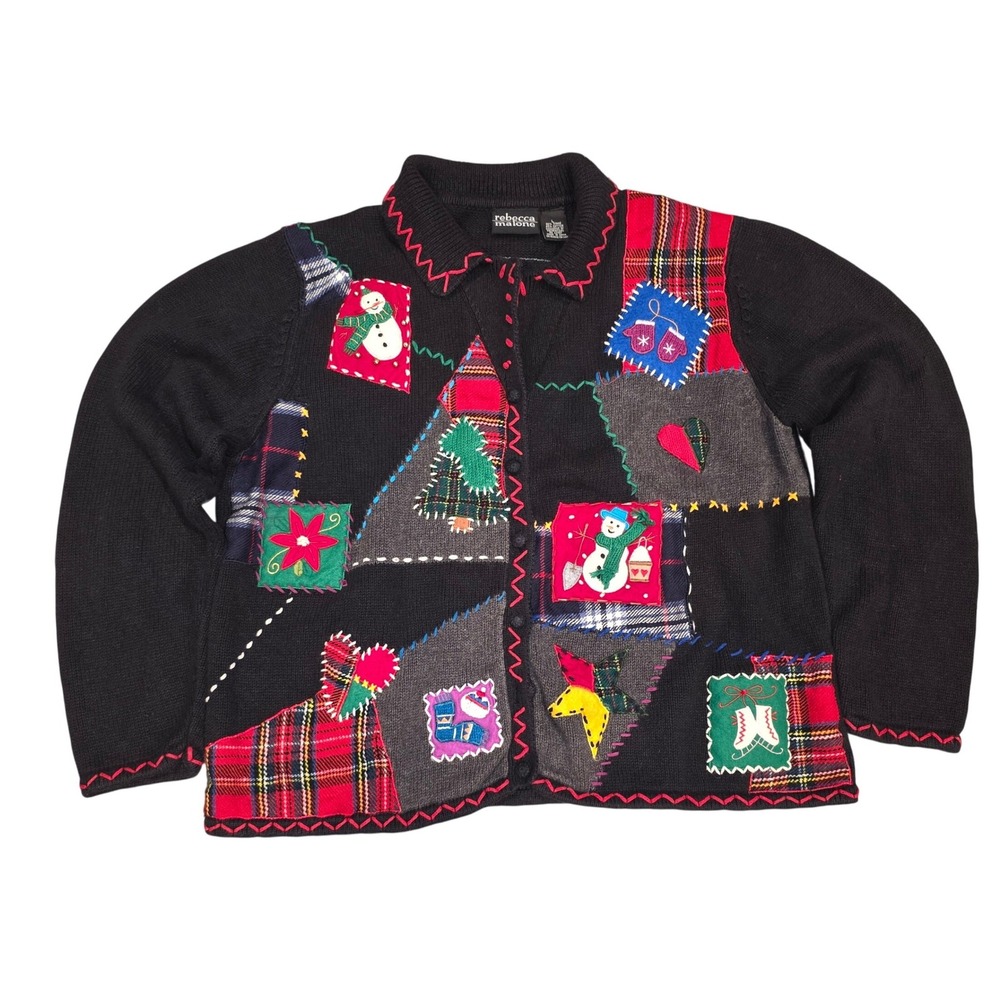 Rebecca Malone Wmn's Black Ugly‎ Christmas Sweater Cardigan Patchwork size L